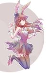  animal_ears bow brown_eyes brown_hair bunny_ears bunny_girl bunny_tail commentary cravat hair_bow high_heels iesupa long_hair rwby smile solo tail thighhighs velvet_scarlatina wrist_cuffs zettai_ryouiki 