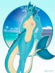  2017 abiga&iuml;l anthro aquatic_dragon beach blue_skin breasts claws cloud crest crossed_legs dragon ear_frills eyebrows female fin frill leaning llmixll looking_at_viewer navel nipples nude outside pussy sea seaside sky smile solo standing tail_fin tan_skin water yellow_eyes yellow_skin 