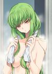  bangs breasts c.c. cleavage code_geass commentary_request creayus green_hair hair_censor hair_over_breasts long_hair looking_at_viewer medium_breasts nude solo towel wet white_towel yellow_eyes 