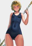  3: ass_visible_through_thighs blonde_hair blue_eyes blue_hair blue_swimsuit blush competition_swimsuit embarrassed fire_emblem fire_emblem_heroes fjorm_(fire_emblem_heroes) gradient_hair holding holding_weapon lasterk multicolored_hair old_school_swimsuit one-piece_swimsuit polearm school_swimsuit short_hair solo swimsuit weapon 