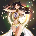  armlet arms_up backlighting bangs bare_shoulders black_legwear black_ribbon closed_mouth collarbone cowboy_shot detached_sleeves earrings eyebrows_visible_through_hair fate/grand_order fate_(series) hair_ribbon hands_in_hair hoop_earrings hug_(yourhug) ishtar_(fate/grand_order) jewelry long_hair long_sleeves looking_at_viewer midriff motion_blur navel neck_ring parted_bangs red_eyes revealing_clothes ribbon single_detached_sleeve single_thighhigh smile solo standing star stomach strapless thighhighs thighs two_side_up waist_cape 