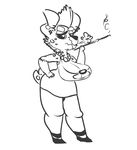  2015 anthro big_breasts breasts cigarette cigarette_holder cleavage clothed clothing digital_media_(artwork) female footwear fully_clothed hand_on_hip holding_object hyena jewelry line_art mammal mature_female monochrome necklace raised_arm shoes sketch smoking smutbooru solo standing wide_hips 