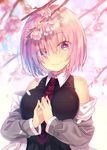  bangs bare_shoulders black_dress blush breasts bright_pupils cherry_blossoms closed_mouth collared_dress day dress eyebrows_visible_through_hair eyes_visible_through_hair fate/grand_order fate_(series) grey_jacket head_tilt jacket kokusan_moyashi large_breasts long_sleeves looking_at_viewer mash_kyrielight necktie off_shoulder open_clothes open_jacket outdoors petals red_neckwear shiny shiny_hair smile solo spring_(season) standing tree_branch upper_body wing_collar 
