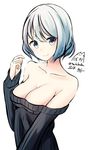  bangs bare_shoulders black_sweater breasts cleavage closed_mouth collarbone commentary_request dated green_eyes hair_between_eyes hand_up head_tilt highres large_breasts long_sleeves looking_at_viewer nekobaka off-shoulder_sweater original short_hair signature silver_hair sleeves_past_wrists smile solo sweater twitter_username white_background 