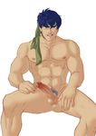  1boy abs bara blue_eyes blue_hair booty_electric erection fire_emblem grin headband ike looking_at_viewer male_focus muscle naughty_face nipples nude pecs penis pubic_hair sitting solo tagme testicles undressing 