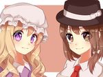  black_hat blonde_hair bow brown_hair closed_mouth collared_dress commentary dress hair_ribbon hat hat_bow highres long_hair looking_at_viewer maribel_hearn mob_cap multiple_girls necktie purple_dress purple_eyes red_neckwear ribbon shiki_(s1k1xxx) shirt short_hair square touhou two-tone_background upper_body usami_renko white_bow white_ribbon white_shirt 