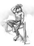  2009 abs anthro bandanna biceps chaps clothed clothing cowboy_hat digital_drawing_(artwork) digital_media_(artwork) equine fence front_view full-length_portrait greyscale hair hat hooves horse lion21 loincloth looking_at_viewer male mammal monochrome muscular muscular_male neckerchief nipples pecs penis portrait signature sitting snout solo 
