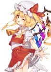  ;d ascot blush bobby_socks bow crystal demon_wings eyebrows_visible_through_hair fang flandre_scarlet foreshortening frilled_shirt_collar frilled_skirt frills from_behind hajin hat hat_bow leg_up looking_at_viewer looking_back medium_skirt mob_cap no_shoes one_eye_closed one_side_up open_mouth outstretched_arm red_bow red_skirt red_vest shiny shiny_hair short_sleeves sidelocks simple_background skirt smile socks solo standing standing_on_one_leg touhou twisted_torso vest white_background white_hat white_legwear wings wrist_cuffs yellow_neckwear 