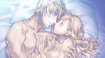  1boy 1girl bedroom blonde_hair blue_eyes breasts colored_hair cuddling gazing nude 