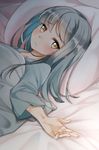  bangs bed blush brown_eyes closed_mouth collarbone comah commentary_request eyebrows_visible_through_hair fingernails grey_hair hair_down kantai_collection kasumi_(kantai_collection) long_hair long_sleeves looking_at_viewer looking_to_the_side lying on_back pillow solo under_covers wavy_mouth wide_sleeves 