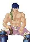  1boy abs bara blue_eyes blue_hair booty_electric fire_emblem grin headband ike looking_at_viewer male_focus muscle naughty_face nipples pecs sitting solo tagme topless undressing 