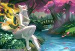  2018 4_toes alanscampos amaterasu anthro canine clothing deity detailed_background female hair hi_res long_hair mammal outside red_eyes sitting solo toes tree video_games water white_hair wolf ōkami 