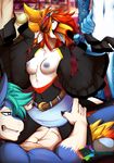  2018 anthro avian beak bird blue_areola breasts brown_eyes canine clothed clothing digital_media_(artwork) feathered_wings feathers female group hair male male/female mammal navel nipples orange_hair penis rainbowscreen red_hair sex topless toucan wings 