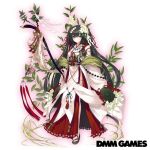  1girl beads bell black_hair blush bow_(weapon) copyright_name costume_request dmm floral_background flower flower_knight_girl full_body hair_flower hair_ornament long_hair looking_at_viewer magatama_necklace red_string sakaki_(flower_knight_girl) shide standing string tagme weapon white_background 