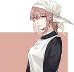  alternate_costume apron bangs black_shirt braid closed_mouth eyebrows_visible_through_hair fate/grand_order fate_(series) florence_nightingale_(fate/grand_order) head_scarf hug_(yourhug) light_smile long_hair long_sleeves pink_hair red_eyes shirt sidelocks single_braid solo tsurime two-tone_background upper_body white_apron 