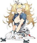  akira_(kadokawa) bandaid blonde_hair blue_eyes breasts burnt_clothes cleavage crying f6f_hellcat full_body gambier_bay_(kantai_collection) gloves kantai_collection large_breasts long_hair lowres official_art open_mouth sitting solo tears torn_clothes transparent_background twintails wariza white_gloves 