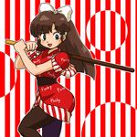  1girl artist_request bangs bow breasts brown_hair green_eyes grin japanese_clothes kimono kuonji_ukyou long_hair looking_at_viewer open_mouth pocky ranma_1/2 smile stockings stripes thighhighs 