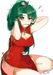  absurdres bare_shoulders blush breasts china_dress chinese_clothes dress fire_emblem fire_emblem:_rekka_no_ken green_eyes green_hair high_ponytail highres large_breasts long_hair looking_at_viewer lyndis_(fire_emblem) ormille pelvic_curtain ponytail side_slit simple_background smile solo tying_hair very_long_hair white_background 