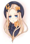  abigail_williams_(fate/grand_order) artist_name bangs black_bow black_dress black_hat blonde_hair blue_eyes blush bow commentary dress fate/grand_order fate_(series) forehead hair_bow hat head_tilt long_hair looking_at_viewer orange_bow parted_bangs parted_lips sagakuroi solo white_background 