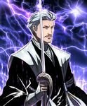  aura bad_id bad_pixiv_id bleach closed_mouth electricity furrowed_eyebrows glowing gonryoumaru_(shikai) hair_slicked_back lightning looking_at_viewer male_focus purple_background rapier san-san_(pixiv16523866) sasakibe_choujirou serious shikai shinigami signature silver_hair solo sword weapon yellow_eyes 