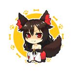  :3 all_fours animal_ears bone breasts brooch brown_hair chibi cleavage dress fang hair_flaps imaizumi_kagerou jewelry ke-su long_hair medium_breasts off_shoulder paw_print red_eyes solo tail touhou v-shaped_eyebrows wolf_ears wolf_tail 