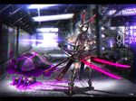  animal_ears armor armored_boots black_hair blurry blurry_background boots bunny_ears capelet dual_wielding full_body gauntlets gia highres holding hood katana legs_apart long_hair looking_at_viewer midriff original pleated_skirt red_eyes skirt solo standing sword weapon wind 