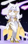  2018 anthro big_breasts blue_eyes blush breasts claws cleavage clothed clothing digital_media_(artwork) dragon female footwear fur hair hi_res high_heels legendary_pok&eacute;mon legwear long_hair looking_at_viewer metaljaw75 necktie nintendo pok&eacute;mon pok&eacute;mon_(species) reshiram sakuya_(p&amp;d) shoes simple_background smile solo space standing star video_games white_fur 