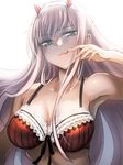  armpits bra breasts cleavage commentary_request darling_in_the_franxx green_eyes herozu_(xxhrd) horns jpeg_artifacts lace lace-trimmed_bra large_breasts long_hair partially_undressed pink_hair solo strapless underwear upper_body white_background zero_two_(darling_in_the_franxx) 