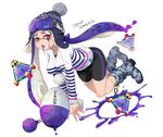  bangs bike_shorts black_shorts blue_footwear blue_hat blunt_bangs bobblehat boots camouflage_footwear domino_mask english fang floating goggles goggles_on_headwear hat holding holding_weapon inkling inkling_(language) long_hair long_sleeves looking_at_viewer luna_blaster_(splatoon) makeup mascara mask mimimi_(echonolog) open_mouth paint_splatter pointy_ears purple_hair red_eyes saliva shirt shorts simple_background single_vertical_stripe ski_goggles solo splat_bomb_(splatoon) splatoon_(series) splatoon_1 squid stitches striped striped_shirt t-shirt tentacle_hair thigh_gap torn_clothes torn_shirt weapon white_background white_shirt zombie 