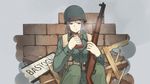  breasts brick_wall chocolate_bar commentary_request debris eating green_eyes gun helmet highres holding holding_gun holding_weapon m1_garand mikado_(winters) military military_uniform original rifle rubble sign sitting snowing solo uniform wall weapon wood 