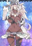 absurdres animal_ears belt black_gloves blonde_hair breasts commentary commission cowboy_shot dark_skin eyepatch eyes_visible_through_hair fur_collar gloves grin groin hair_over_one_eye hand_up high_orc_(monster_girl_encyclopedia) highres large_breasts long_hair looking_at_viewer monster_girl monster_girl_encyclopedia navel peachpii sketch skull smile solo tail teeth yellow_eyes 