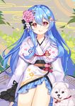  :q alternate_costume arm_rest binan_xian_lu blue_hair dog flower food_themed_hair_ornament grey_background hair_flower hair_ornament highres hinanawi_tenshi japanese_clothes kimono knee_up leaf leaf_background long_hair looking_at_viewer neck_bell obi peach_hair_ornament red_eyes red_ribbon ribbon sash shide sitting solo tongue tongue_out touhou 
