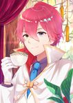  bad_id bad_pixiv_id bangs blue_neckwear cape closed_mouth collared_shirt commentary_request cup curtains eyebrows_visible_through_hair gloves gyozanuko hair_between_eyes heterochromia highres holding holding_cup indoors jacket kannabe_ayumu long_sleeves looking_at_viewer male_focus necktie pink_hair purple_eyes purple_shirt ryuuou_no_oshigoto! shirt smile solo teacup white_cape white_gloves white_jacket yellow_eyes 
