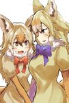  african_golden_wolf_(kemono_friends) animal_ears aranagi_(arng_4401) blonde_hair blue_bow blush bow bowtie eyebrows_visible_through_hair fang fur_collar gloves golden_jackal_(kemono_friends) highres kemono_friends long_hair looking_at_another matching_outfit multicolored_hair multiple_girls open_mouth red_bow short_sleeve_sweater short_sleeves sweater tail wolf_ears wolf_tail 
