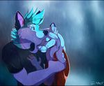  2018 5_fingers anthro black_bars black_nose blurred_background canine clothed clothing digital_media_(artwork) dog duo female fur green_fur male mammal outside raining smile tai_lung_(artist) 