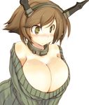  blush breasts brown_eyes brown_hair cleavage closed_mouth eyebrows_visible_through_hair green_sweater headgear huge_breasts kantai_collection looking_away mutsu_(kantai_collection) sakaki_(noi-gren) short_hair simple_background solo sweater upper_body wavy_mouth white_background 