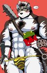  abs anthro bearlovestiger13 biceps blush bulge canine clothing fur headband hi_res horkeukamui kemono male mammal multicolored_fur muscular muscular_male nipples pecs simple_background tokyo_afterschool_summoners underwear white_fur wolf 