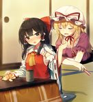  :o ascot black_hair blonde_hair blush bow brown_eyes closed_eyes cup detached_sleeves elbow_gloves food fruit gat gloves hair_bow hair_tubes hakurei_reimu hat indoors kotatsu long_hair mandarin_orange mob_cap multiple_girls open_mouth puffy_short_sleeves puffy_sleeves ribbon-trimmed_sleeves ribbon_trim sarashi shinoba short_sleeves sitting table tatami touhou white_gloves yakumo_yukari 