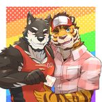  2018 abs anthro biceps canine clothed clothing digital_media_(artwork) feline fur hi_res kemono male mammal pecs ragtouran simple_background tiger 