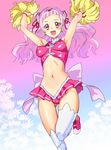  arms_up ass_visible_through_thighs back_bow blush bow breasts cheerleader commentary_request crop_top cure_yell flower hair_flower hair_ornament hair_ribbon hugtto!_precure jewelry long_hair looking_at_viewer magical_girl medium_breasts midriff miniskirt navel nono_hana ontaros pink_eyes pink_hair pink_skirt pom_poms precure ribbon shiny shiny_hair shiny_skin skirt sleeveless smile solo 