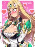  armor blonde_hair blush breast_hold breasts character_name cleavage cleavage_cutout copyright_name crossed_arms dress flying_sweatdrops gloves highres hikari_(xenoblade_2) large_breasts long_hair oriennto solo xenoblade_(series) xenoblade_2 yellow_eyes 