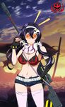  1girl bikini_shorts bikini_top black_hair breasts bungou_stray_dogs cleavage elbow_gloves hair_ornament hair_stick izumi_kyoka_(bungou_stray_dogs) large_breasts long_hair low_twintails naval rifle scarf sunglasses thighhighs twintails weapon 