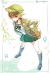  black_footwear black_neckwear blonde_hair blouse boots bow bowtie brown_eyes brown_jacket closed_mouth erwin_(girls_und_panzer) full_body girls_und_panzer goggles goggles_on_headwear green_hat green_skirt hands_in_pockets hat jacket leaning_forward light_smile long_sleeves looking_at_viewer macho_ojiji military_hat military_jacket miniskirt ooarai_school_uniform open_clothes open_jacket peaked_cap pleated_skirt pointy_hair school_uniform serafuku short_hair skirt solo standing star twitter_username white_blouse 