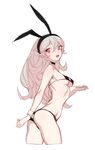  :d animal_ears arm_at_side ass bare_legs bare_shoulders bikini black_bikini black_choker blonde_hair blush breasts bunny_ears choker cropped_legs fake_animal_ears fire_emblem fire_emblem_if hair_between_eyes holding leaning_forward long_hair looking_at_viewer medium_breasts micro_bikini my_unit_(fire_emblem_if) open_mouth pink_eyes simple_background smile solo standing string_bikini swimsuit thighs underboob white_background wrist_cuffs zuizi 