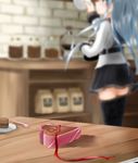  anchor_symbol black_legwear blue_hair blurry blurry_background box cake chocolate chocolate_cake depth_of_field food fork head_out_of_frame heart-shaped_box hibiki_(kantai_collection) highres indoors jar kantai_collection kitchen long_hair long_sleeves oni_(onirenger) open_box plate shelf shirt slice_of_cake solo standing thighhighs verniy_(kantai_collection) white_shirt wooden_table zettai_ryouiki 