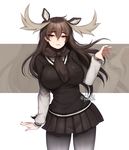  animal_ears antlers black_legwear breasts brown_eyes brown_hair brown_skirt commentary cowboy_shot extra_ears eyebrows_visible_through_hair eyes_visible_through_hair fur_collar hair_between_eyes kemono_friends large_breasts long_hair long_sleeves looking_at_viewer moose_(kemono_friends) moose_ears moose_tail pantyhose pleated_skirt skirt solo tail terupancake twitter_username zoom_layer 