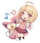  :3 :d ahoge akamatsu_kaede backpack bag bangs beamed_eighth_notes black_legwear blonde_hair blush chibi closed_eyes crossover danganronpa eighth_note eyebrows_visible_through_hair gen_3_pokemon kneehighs long_hair long_sleeves looking_at_viewer miniskirt musical_note musical_note_hair_ornament musical_note_print necktie new_danganronpa_v3 open_mouth orange_neckwear outstretched_arms pleated_skirt pokemon pokemon_(creature) print_skirt purple_eyes purple_skirt round_teeth shiny shiny_hair shirt skirt skitty smile sweater_vest swept_bangs teeth white_shirt zuizi 