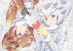  apple bangs brown_coat brown_eyes brown_hair coat eurasian_eagle_owl_(kemono_friends) eyebrows_visible_through_hair food fruit fur_collar gloves grey_coat head_wings kemono_friends long_sleeves looking_at_another multicolored_hair multiple_girls northern_white-faced_owl_(kemono_friends) parted_lips rotational_symmetry short_hair symmetry takano_itsuki upper_body upside-down white_gloves white_hair yellow_eyes yellow_gloves 