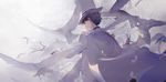  animal artist_name bird black_hair cape commentary dove feathers flock from_behind gloves grey_sky hat highres kaitou_kid kuroba_kaito magic_kaito male_focus muted_color nineo outstretched_arms solo spread_arms top_hat white_cape white_feathers white_gloves white_hat 