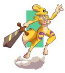  2018 alpha_channel anthro areola black_sclera blue_eyes breasts claws digimon dipstick_ears dipstick_tail facial_markings female hi_res holding_object holding_weapon markings melee_weapon multicolored_tail nipples pussy renamon snappygrey solo sword weapon 